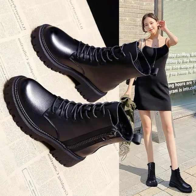 Women’s Luxury Black Leather Platform Lace‑Up Ankle Boots – Bold Comfort