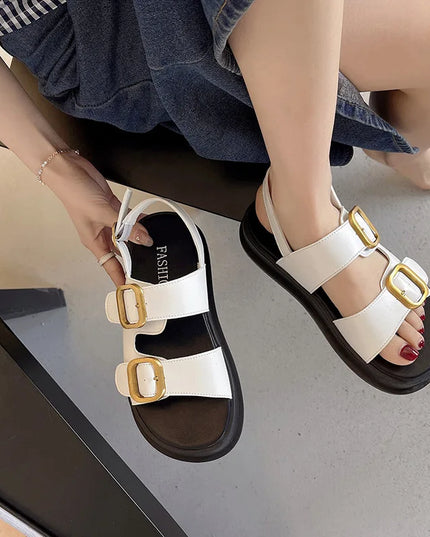 Korean Style Platform Sandals – Square Toe Buckle Flats for Women