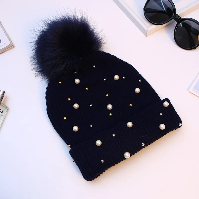 Pearl & Rhinestone Pom Pom Beanie-HighTouch