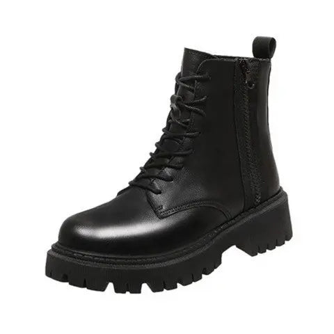 Women’s Luxury Black Leather Platform Lace‑Up Ankle Boots – Bold Comfort-HighTouch