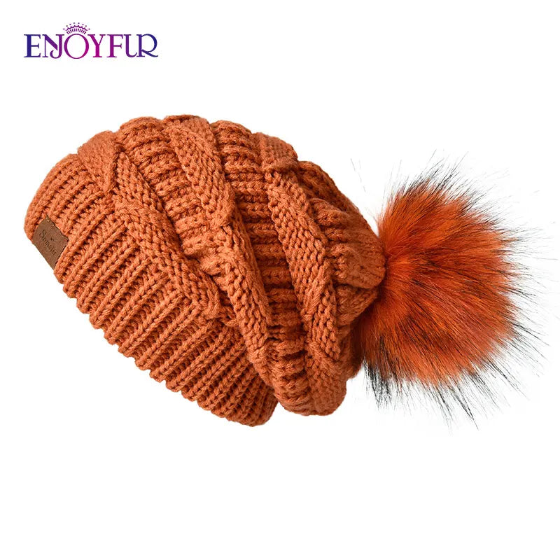 Women’s Faux Fur Pom Slouchy Knit Beanie