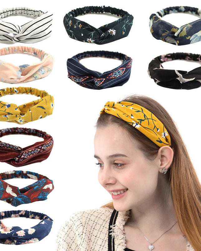 Vintage Boho Printed Cross Turban Headband – Wide Stretchy Fabric Band