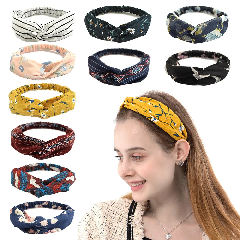 Vintage Boho Printed Cross Turban Headband – Wide Stretchy Fabric Band