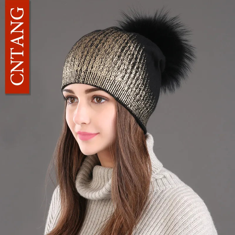 Women’s Chunky Knit Hat with Real Fur Pom Pom