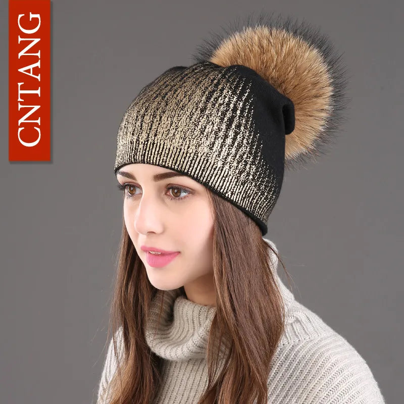 Women’s Chunky Knit Hat with Real Fur Pom Pom