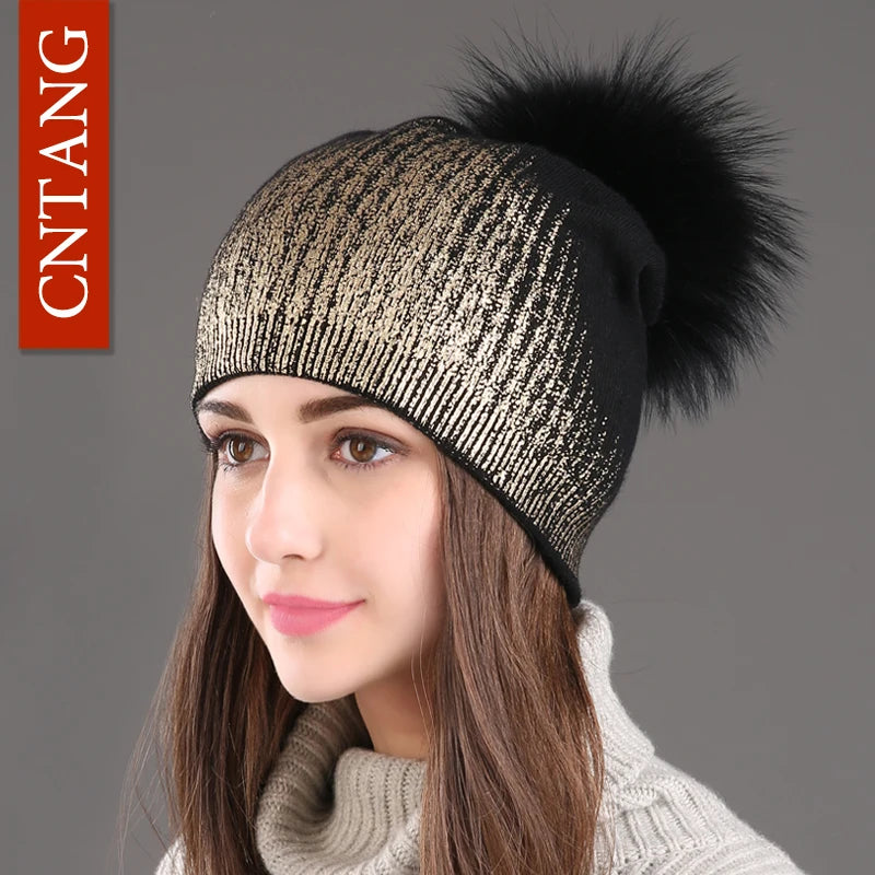 Women’s Chunky Knit Hat with Real Fur Pom Pom