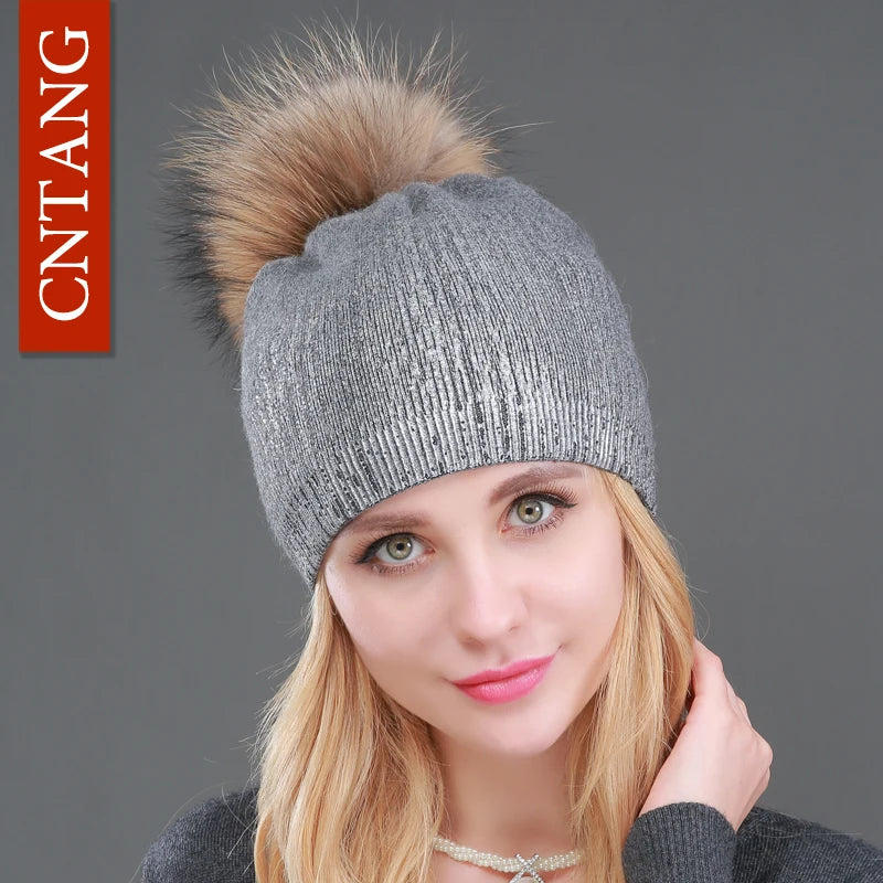 Women’s Chunky Knit Hat with Real Fur Pom Pom