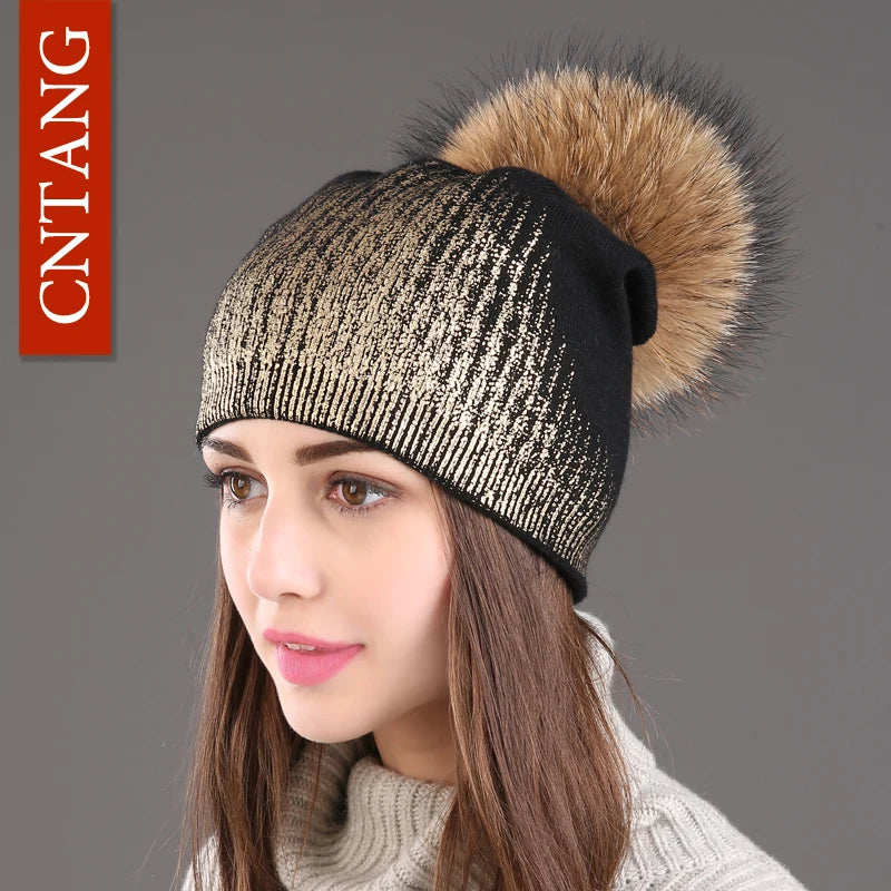 Women’s Chunky Knit Hat with Real Fur Pom Pom