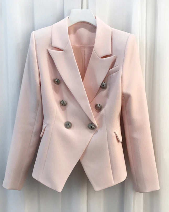 Baroque Double-Breasted Women's Blazer with Silver Lion Buttons