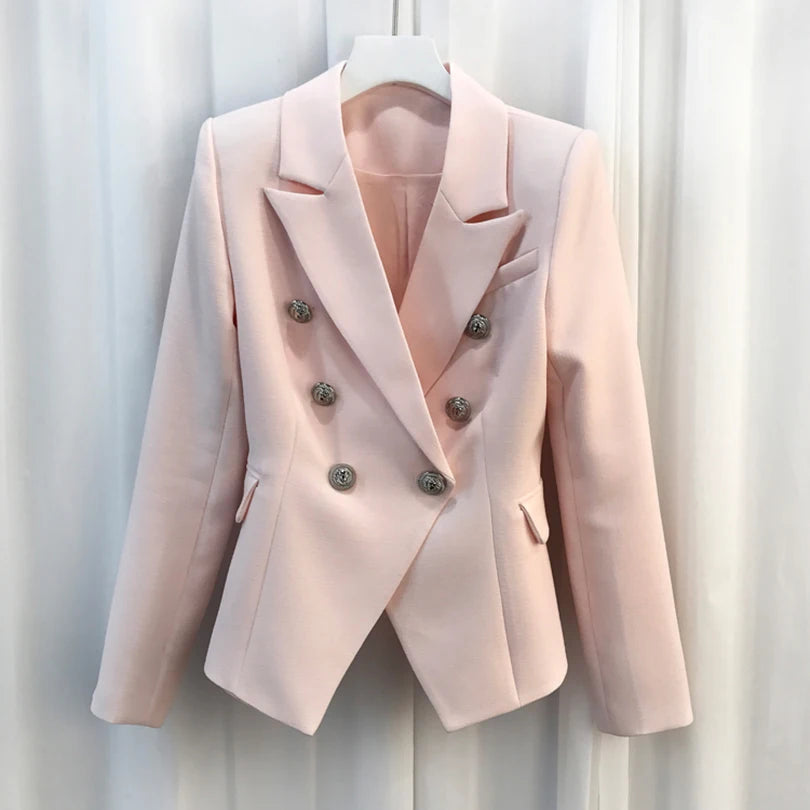 Baroque Double-Breasted Women's Blazer with Silver Lion Buttons