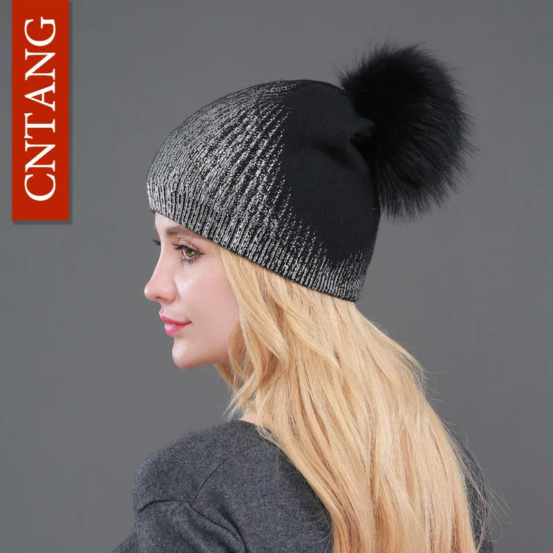 Women’s Chunky Knit Hat with Real Fur Pom Pom