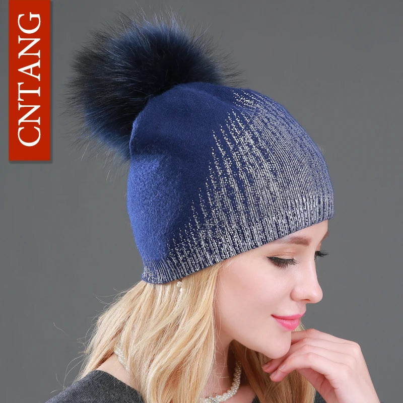 Women’s Chunky Knit Hat with Real Fur Pom Pom