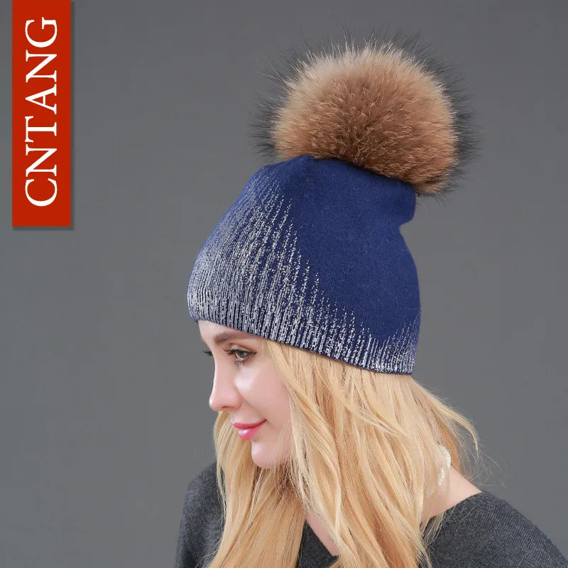 Women’s Chunky Knit Hat with Real Fur Pom Pom