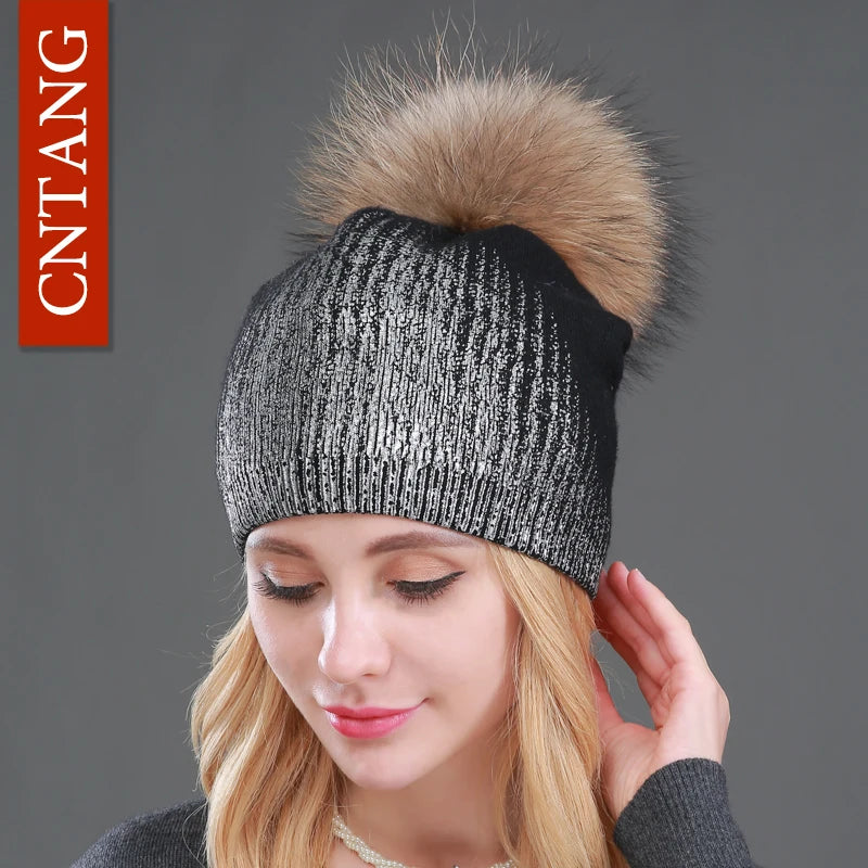 Women’s Chunky Knit Hat with Real Fur Pom Pom