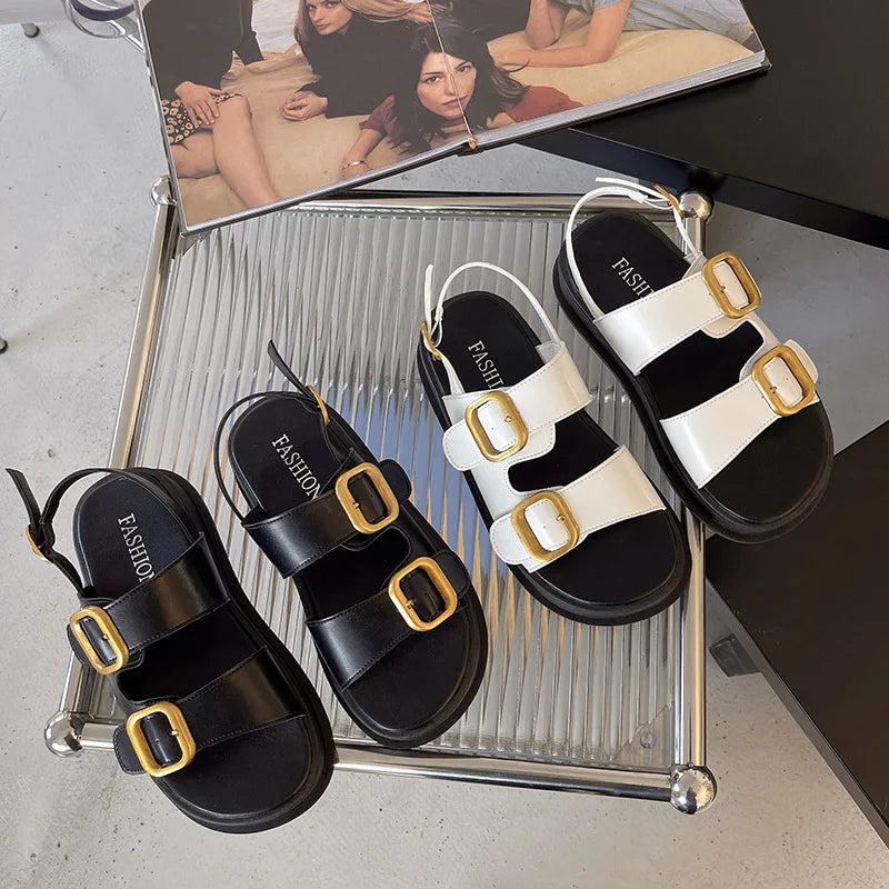 Women’s Platform Roman Sandals – Double-Buckle PU Comfort Slides-HighTouch