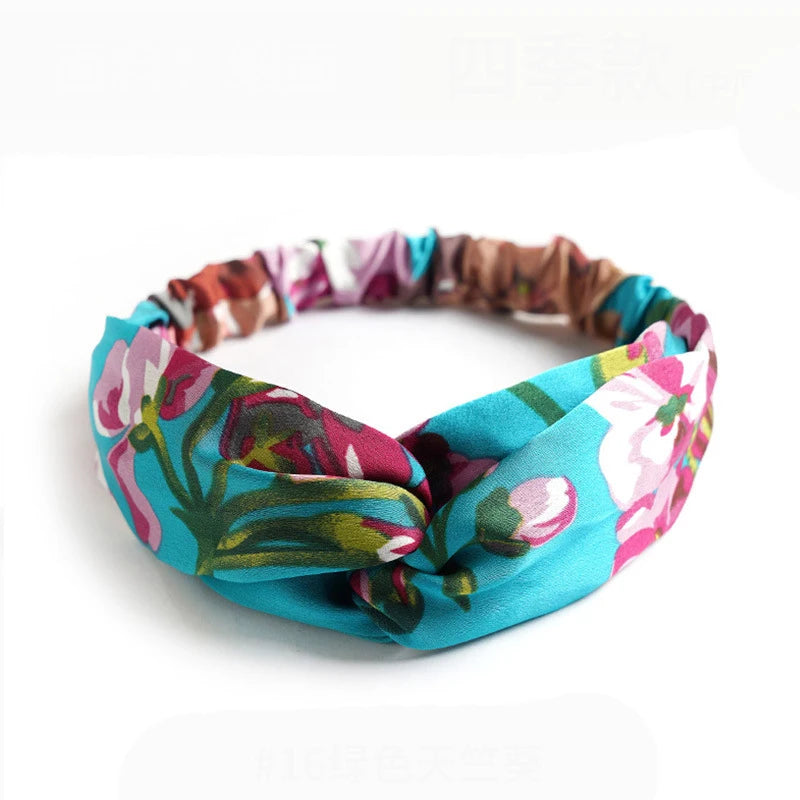 Vintage Boho Printed Cross Turban Headband – Wide Stretchy Fabric Band