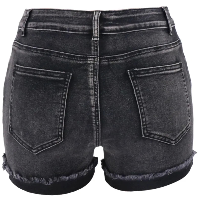 Black High-Waist Elastic Denim Shorts – Summer Casual for Women