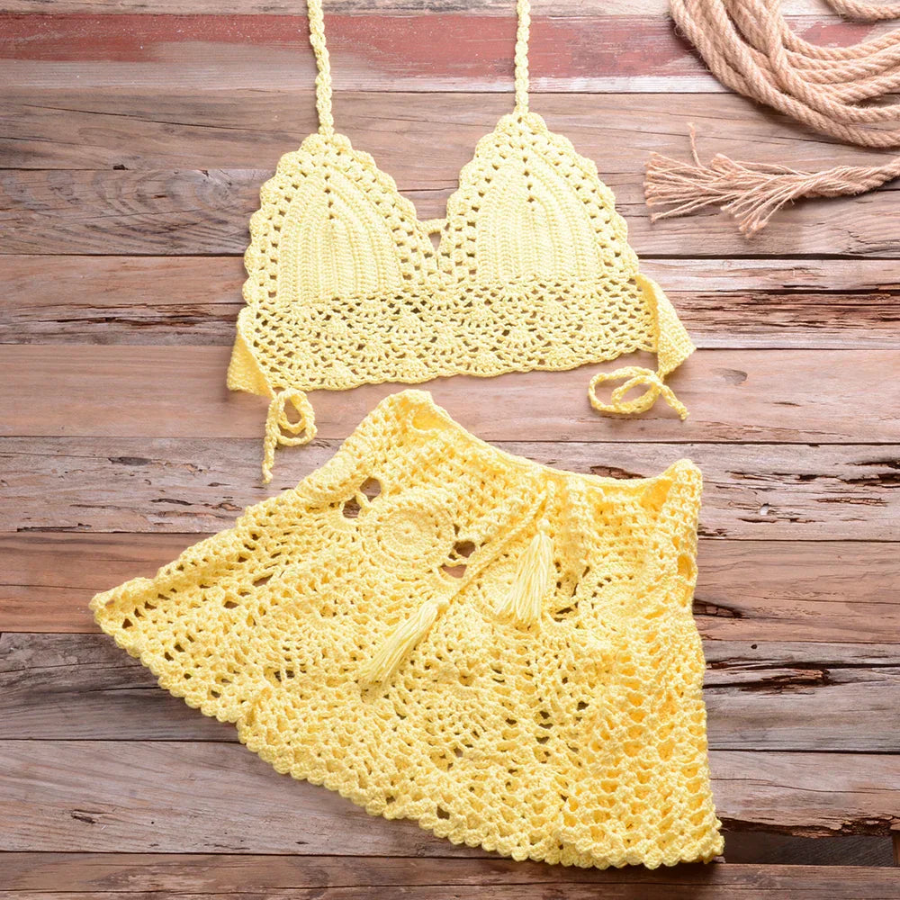 Liora - Women Crochet Halter Bikini Cover Up Set