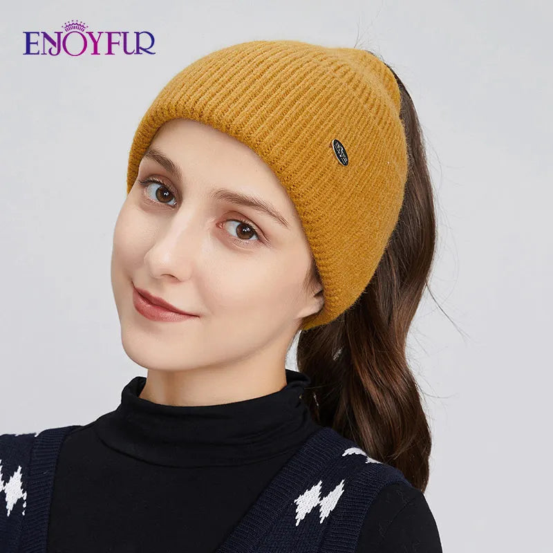 Enjoy Fur Women’s Winter Knit Ponytail Beanie-HighTouch