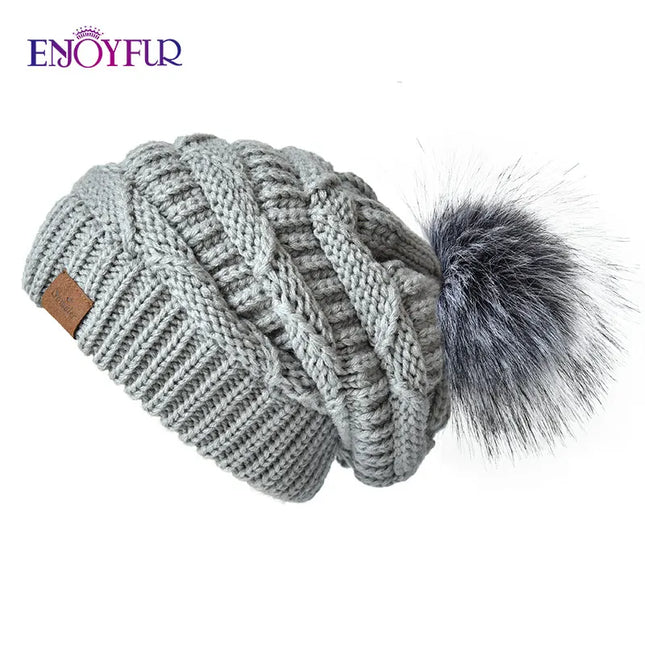 Women’s Faux Fur Pom Slouchy Knit Beanie