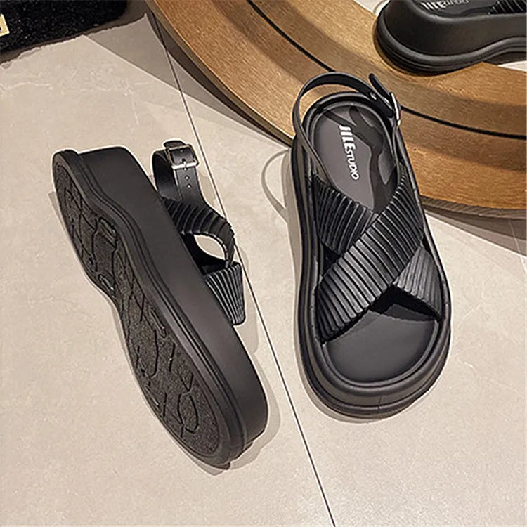 Women’s Thick Sole Cross Slide Slippers – Open Toe Summer Outdoor Flats