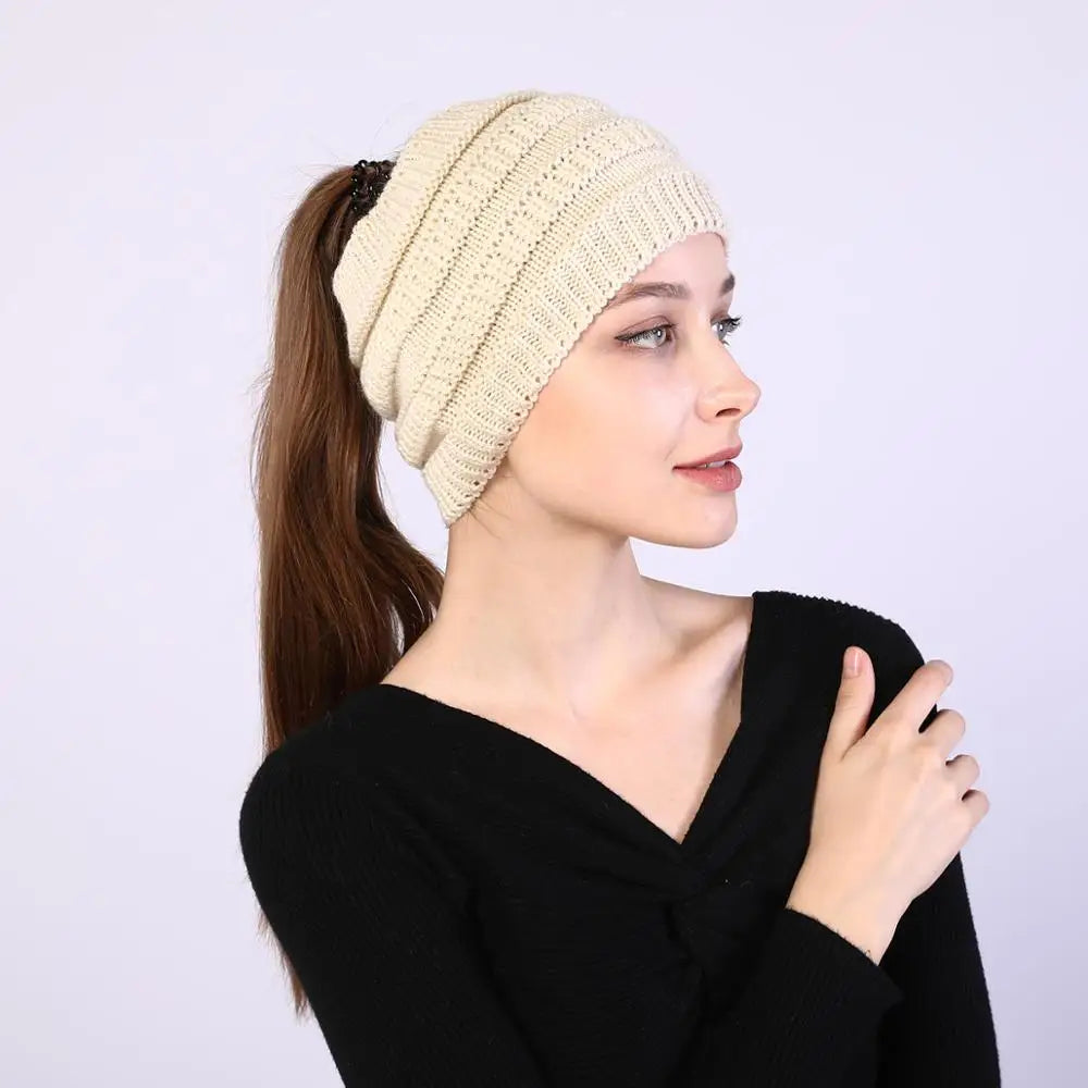 Women’s Ponytail Knitted Beanie-HighTouch