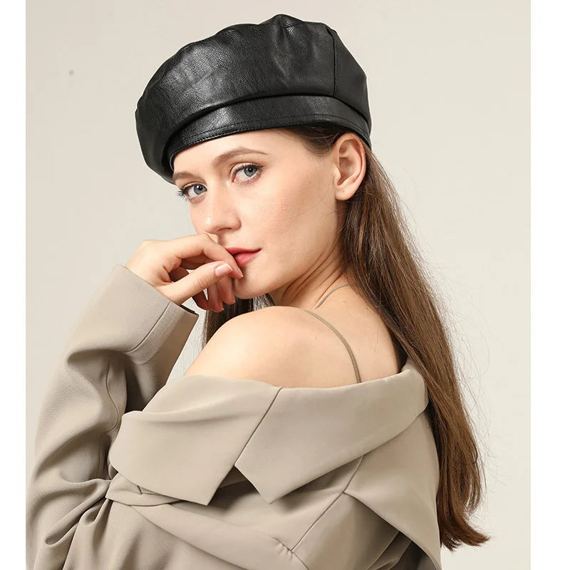 Artificial  Leather Beret Cap – Stylish Unisex Bucket & Beret Hybrid