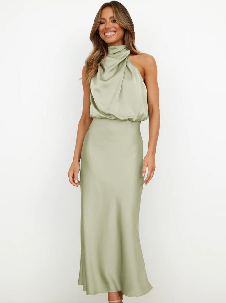 Helene | Women's Sage Green Halter Neck Maxi Wedding Guest Dress
