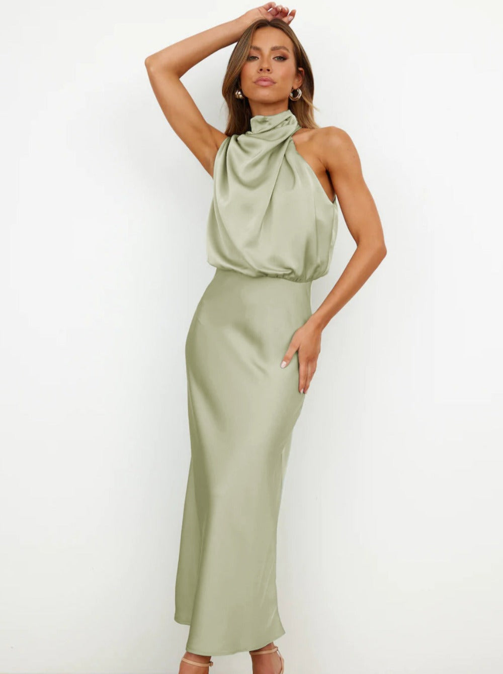 Helene | Women's Sage Green Halter Neck Maxi Wedding Guest Dress