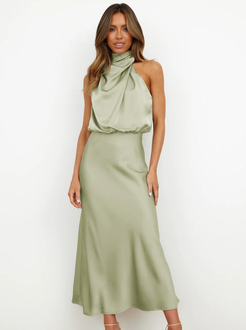 Helene | Women's Sage Green Halter Neck Maxi Wedding Guest Dress