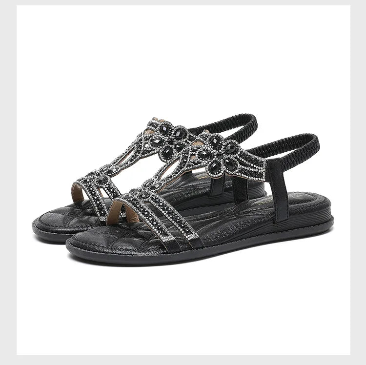 Bohemian Rhinestone Flat Sandals – Comfortable Summer T-Strap for Women-HighTouch