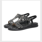 Bohemian Rhinestone Flat Sandals – Comfortable Summer T-Strap for Women-HighTouch