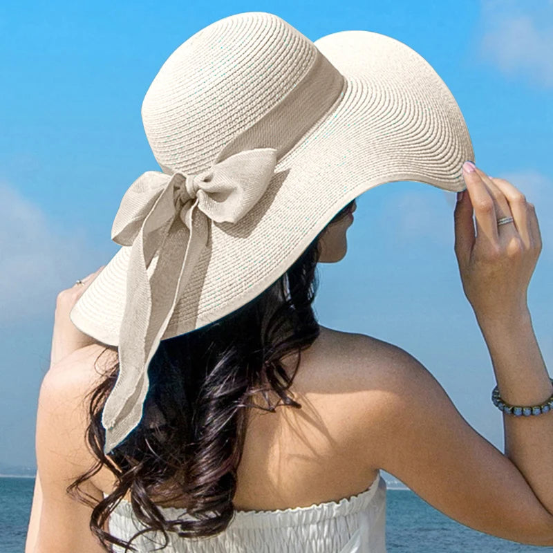 Wide-Brim Straw Fedora with Bowknot – Packable Summer Sun Hat-HighTouch