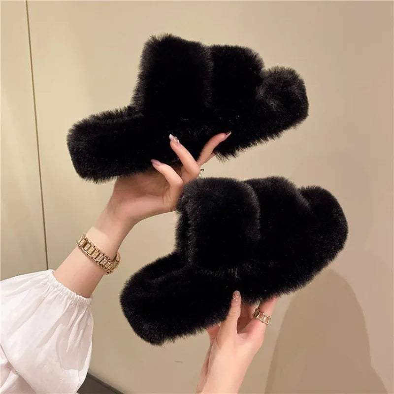 Women's Platform Plush Cotton Slippers – Thick Sole Indoor Fur Slides