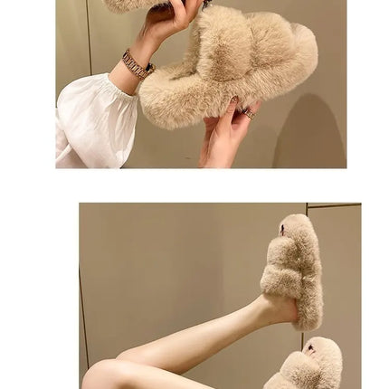 Women's Platform Plush Cotton Slippers – Thick Sole Indoor Fur Slides