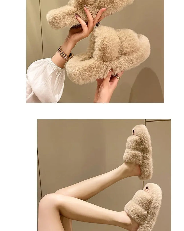 Women's Platform Plush Cotton Slippers – Thick Sole Indoor Fur Slides
