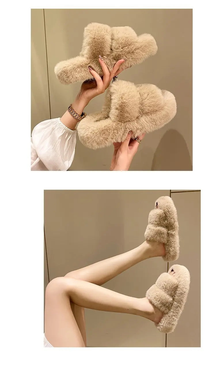 Women's Platform Plush Cotton Slippers – Thick Sole Indoor Fur Slides
