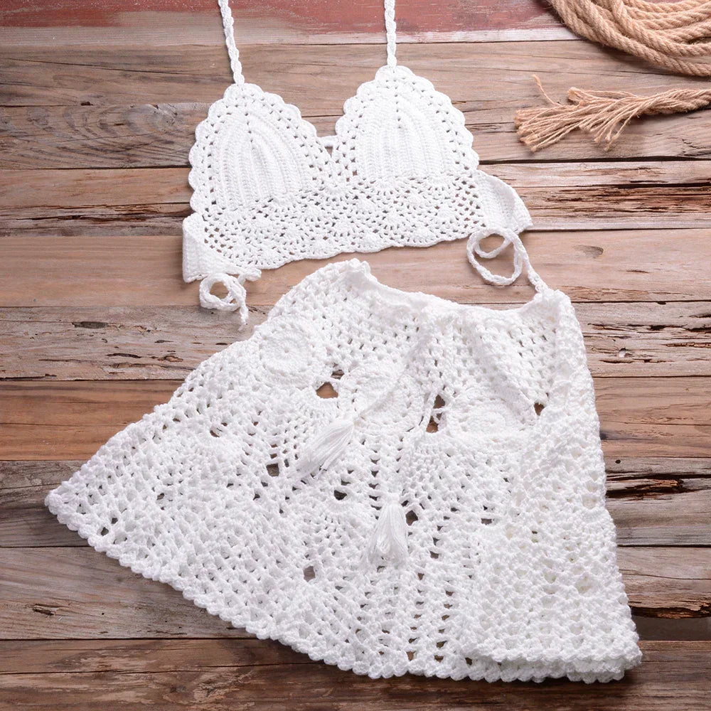 Liora - Women Crochet Halter Bikini Cover Up Set