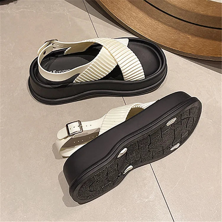 Women’s Thick Sole Cross Slide Slippers – Open Toe Summer Outdoor Flats-HighTouch
