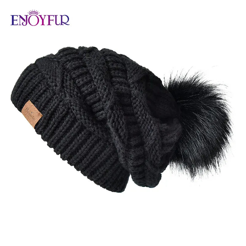 Women’s Faux Fur Pom Slouchy Knit Beanie