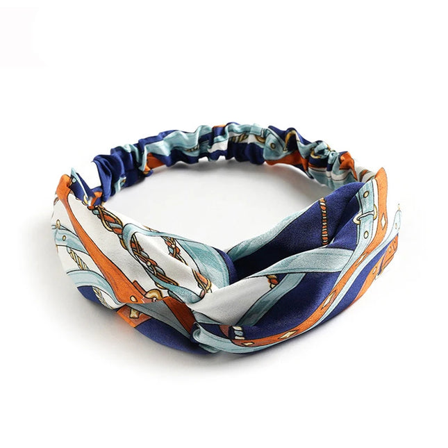 Vintage Boho Printed Cross Turban Headband – Wide Stretchy Fabric Band