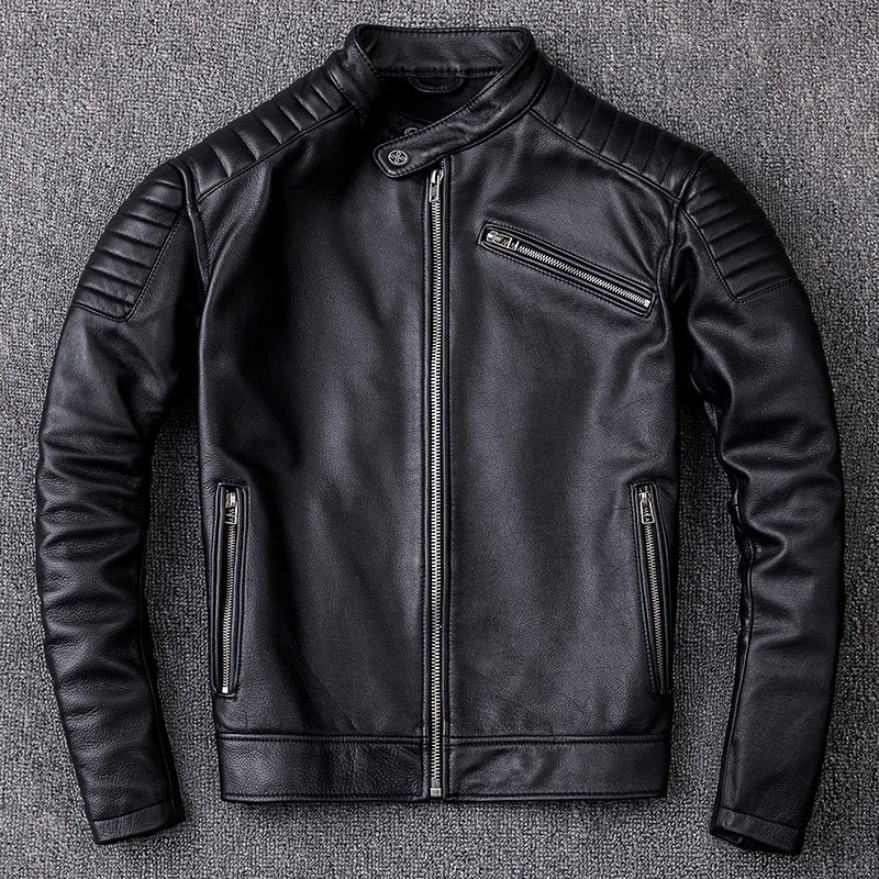 Premium Genuine Cowhide Leather Biker Jacket - Vintage Motorcycle Style, Durable & Classic