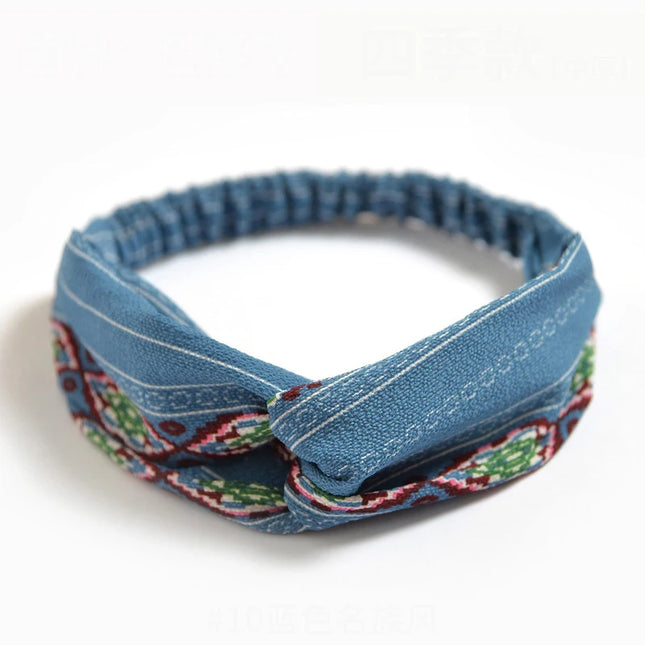 Vintage Boho Printed Cross Turban Headband – Wide Stretchy Fabric Band