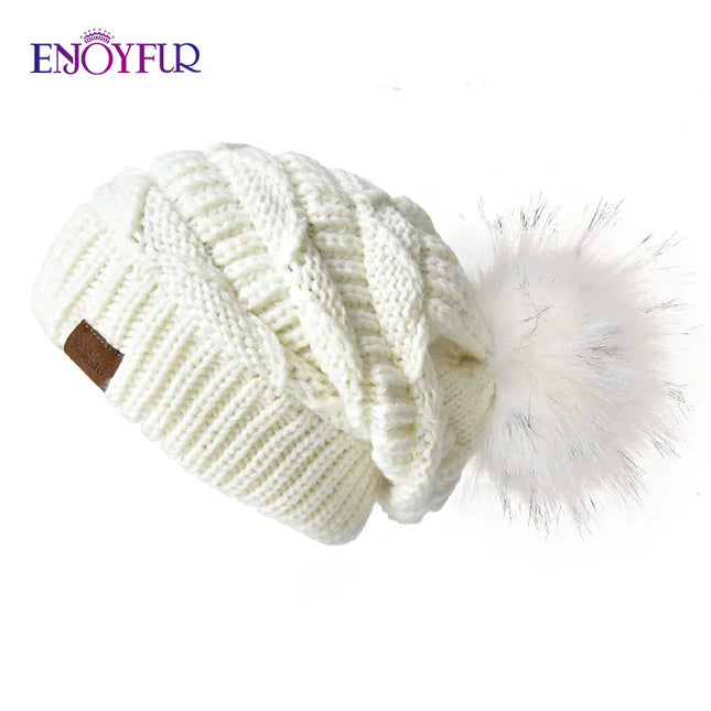 Women’s Faux Fur Pom Slouchy Knit Beanie