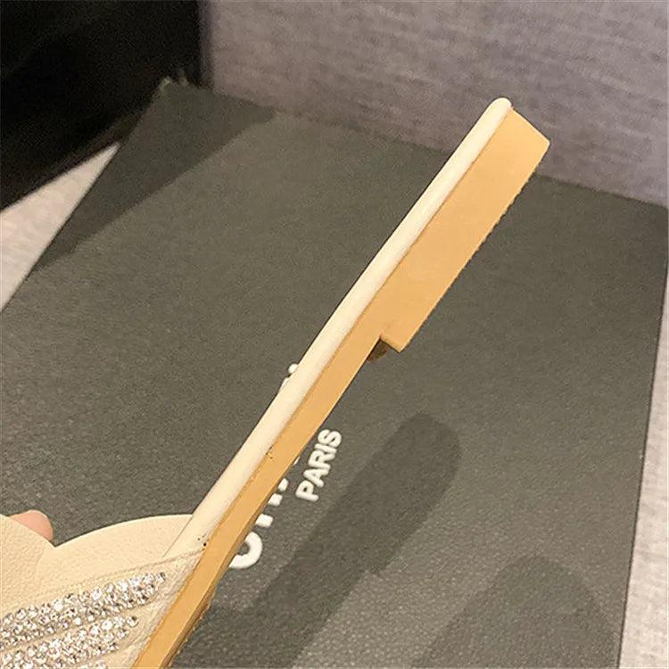 Women's Shiny Rhinestone Flat Sandals – Big Size 35-42 Glitter Slip-On Slides