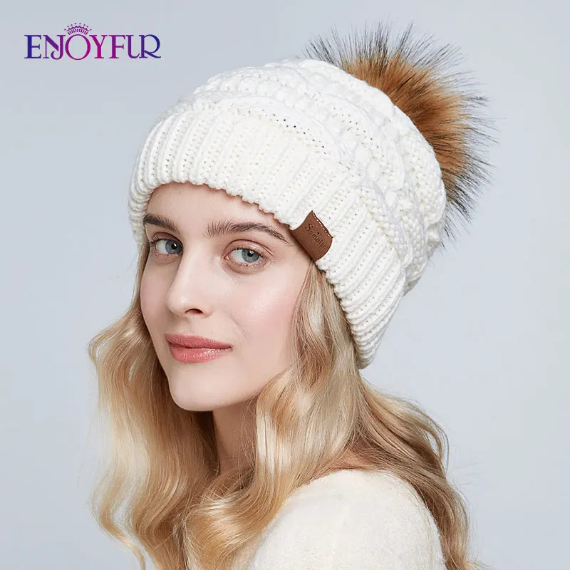 Women’s Faux Fur Pom Slouchy Knit Beanie