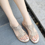 Bohemian Rhinestone Flat Sandals – Comfortable Summer T-Strap for Women-HighTouch