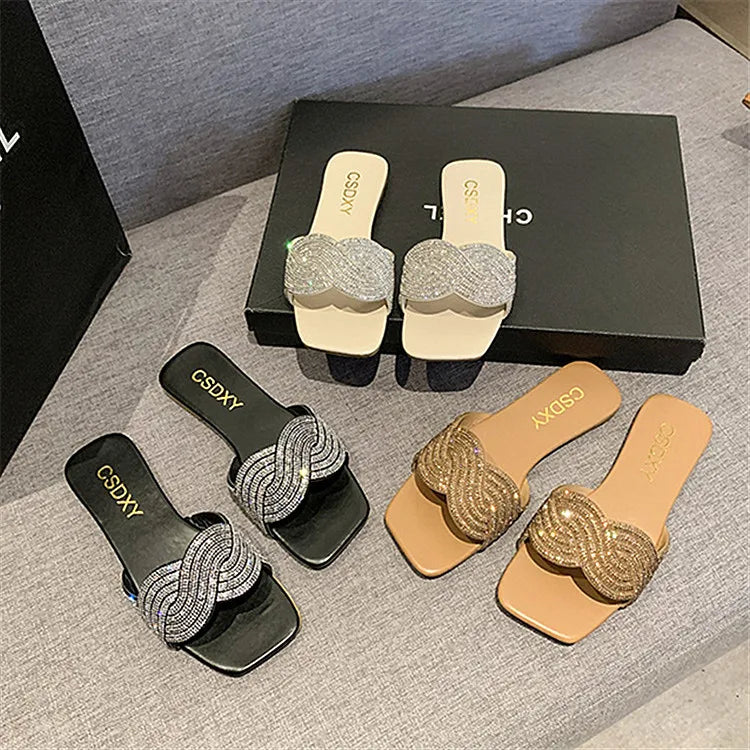 Women's Shiny Rhinestone Flat Sandals – Big Size 35-42 Glitter Slip-On Slides