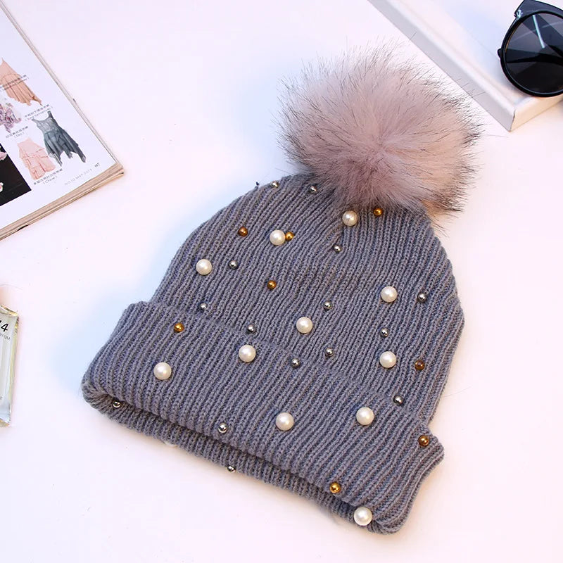 Pearl & Rhinestone Pom Pom Beanie-HighTouch