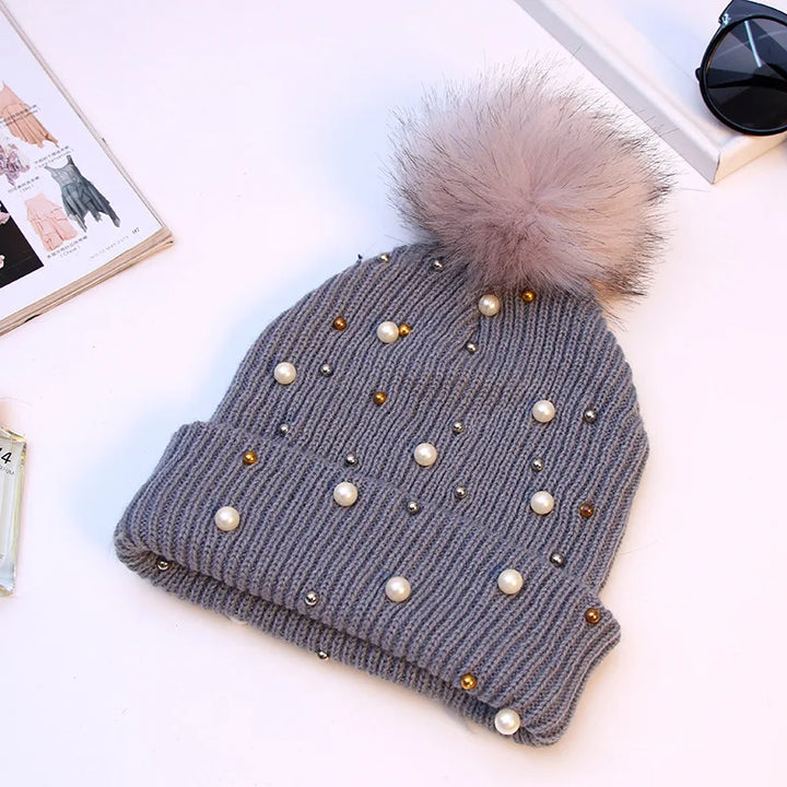 Pearl & Rhinestone Pom Pom Beanie-HighTouch